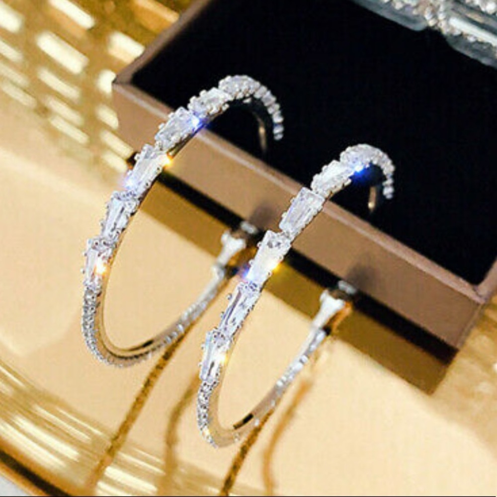 NWT DIAMOND Luxury Sterling Silver Hoop Earrings - Picture 2 of 7